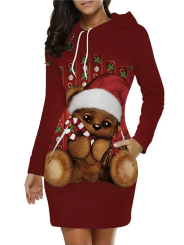 Fashion Long Sleeve Hooded O-Neck Christmas Santa Claus Dress