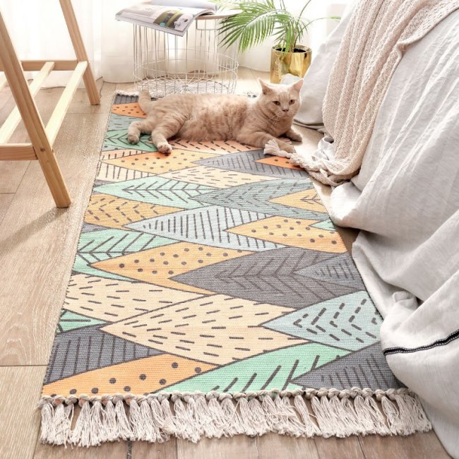 Bohemian Hand Tassel Woven Cotton Linen Carpet Retro Bedside Geometric Floor Mat Long Rug
