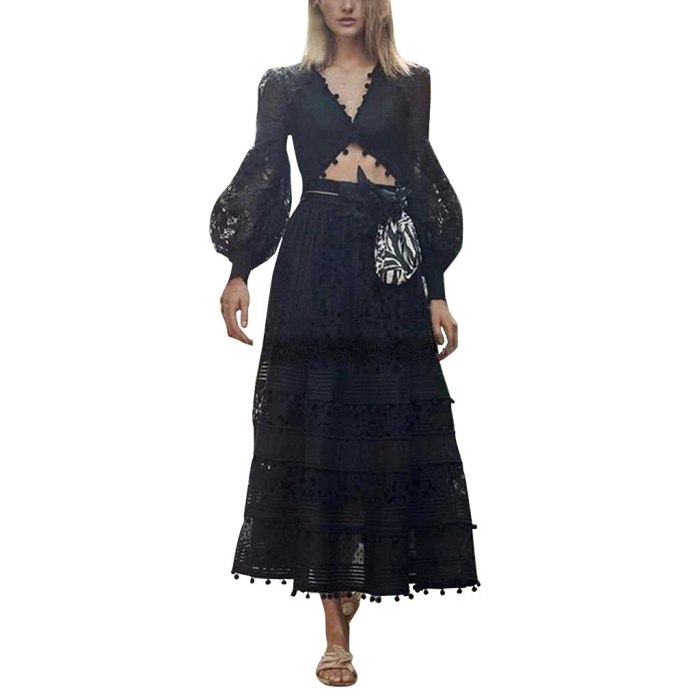 Bohemian Solid Color Long Sleeve V Neck Lace Hollow Out Casual Maxi Dress