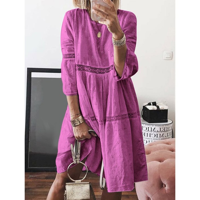 Crew Neck Dresses Hollow Out Splice 3/4 Sleeve Long Dresses