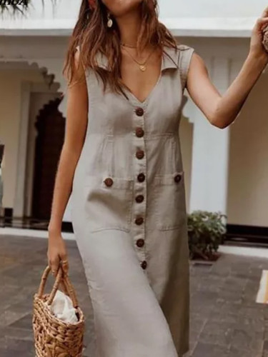 Boho Style V-Neck Waist Casual Solid Color Sleeveless V Neck Pockets Midi Dress