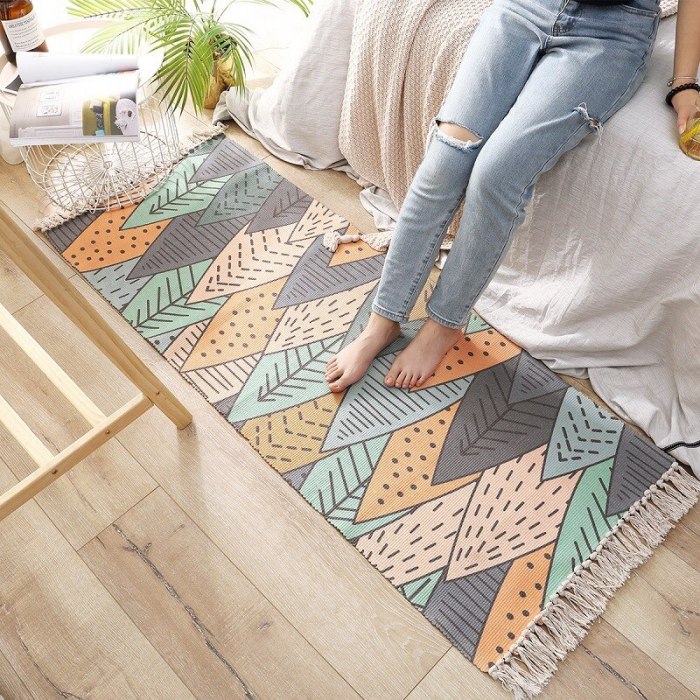 Bohemian Hand Tassel Woven Cotton Linen Carpet Retro Bedside Geometric Floor Mat Long Rug