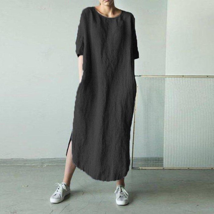 Women Solid Color Cotton and Linen Long Sleeve O-Neck Fold Casual Dress