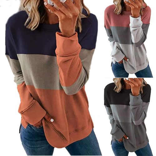 Loose Three Contrast Color Patchwork New Fashion  Long Sleeve Pullover Tops
