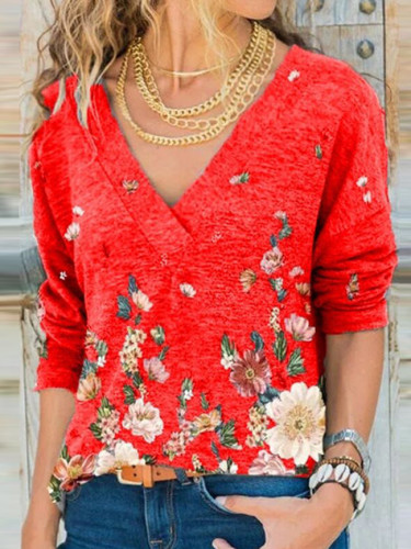 Women Deep V-Neck Blouse Retro Floral Print Long Sleeve Top Pullover