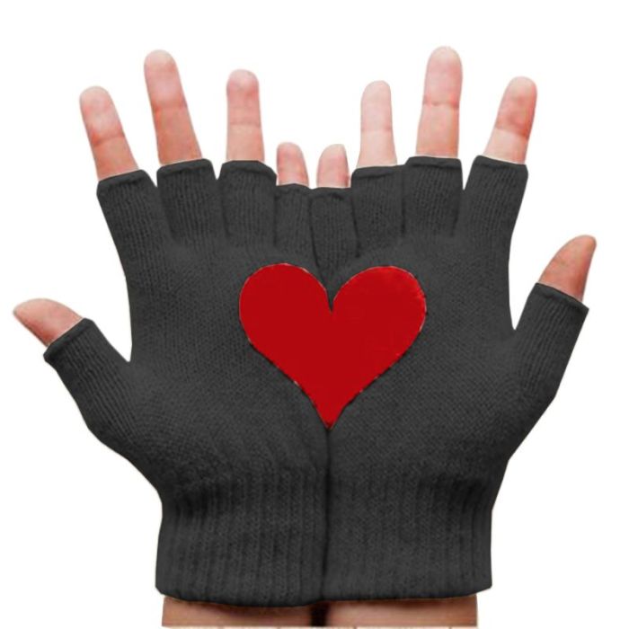 Womens Winter Knit Fingerless Gloves Sweet Red Half Love Heart Irregular Patchwork Palm Solid Color Half Finger Mittens