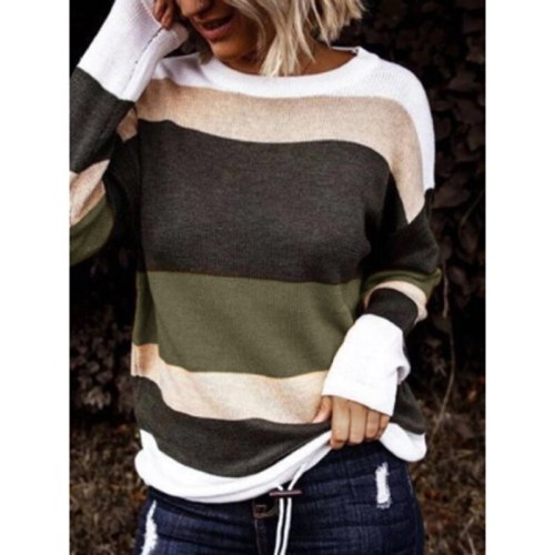 Autumn Women's Slash Neck Striped Pattern Solid Pullovers Sweater