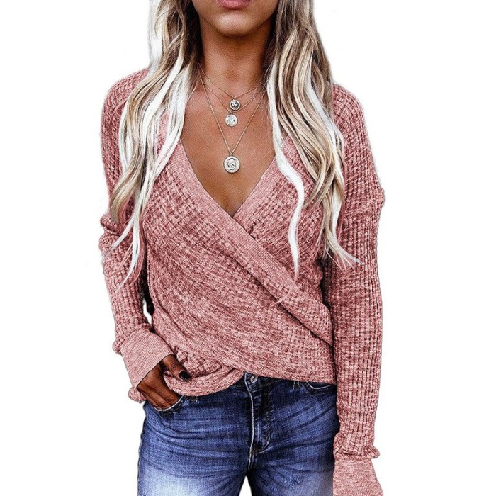 Women New Solid Color Cross-Type Deep Long-Sleeved Casual  Clothing Tops