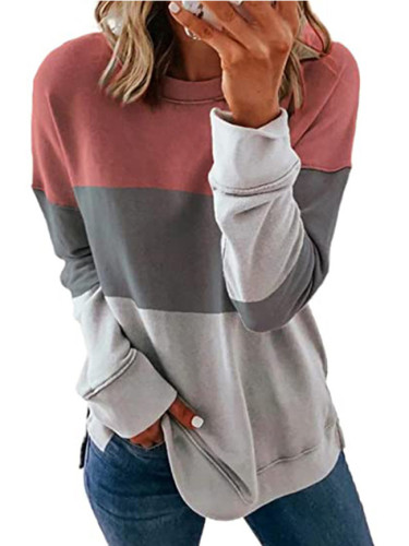 Loose Three Contrast Color Patchwork New Fashion  Long Sleeve Pullover Tops