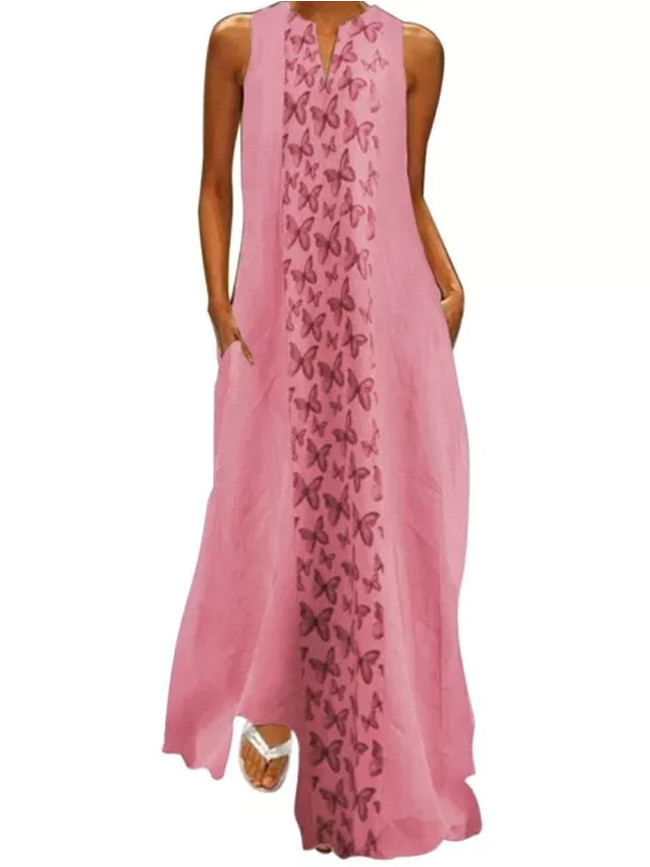 Butterfly Print Sleeveless Cotton V-Neck Maxi Dresses Plus Sizes Big Large Dress