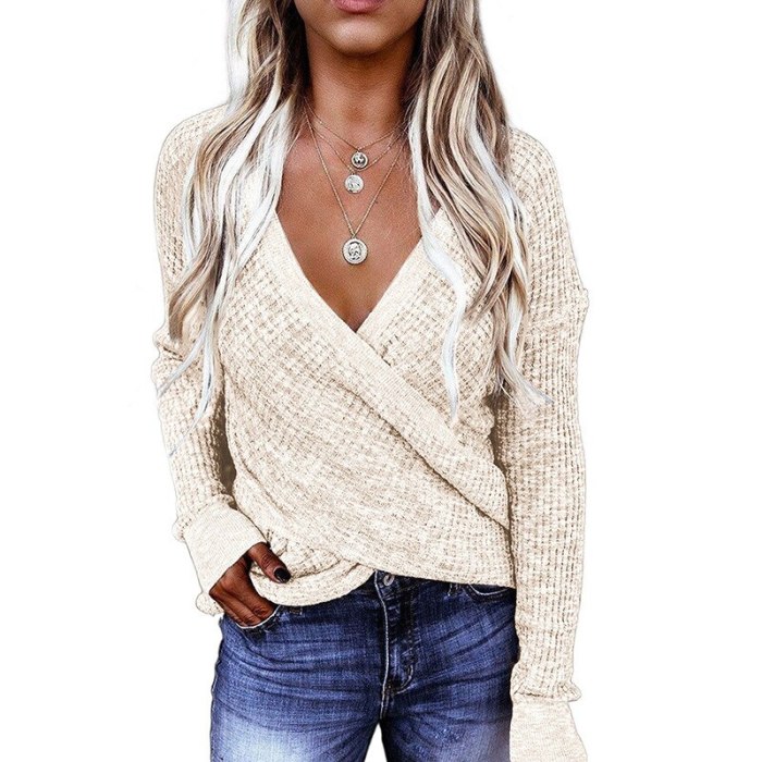 Women New Solid Color Cross-Type Deep Long-Sleeved Casual  Clothing Tops