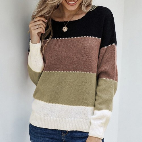 Ladies Loose Pullovers  Patchwork Color Long Sleeve Casual Pullovers