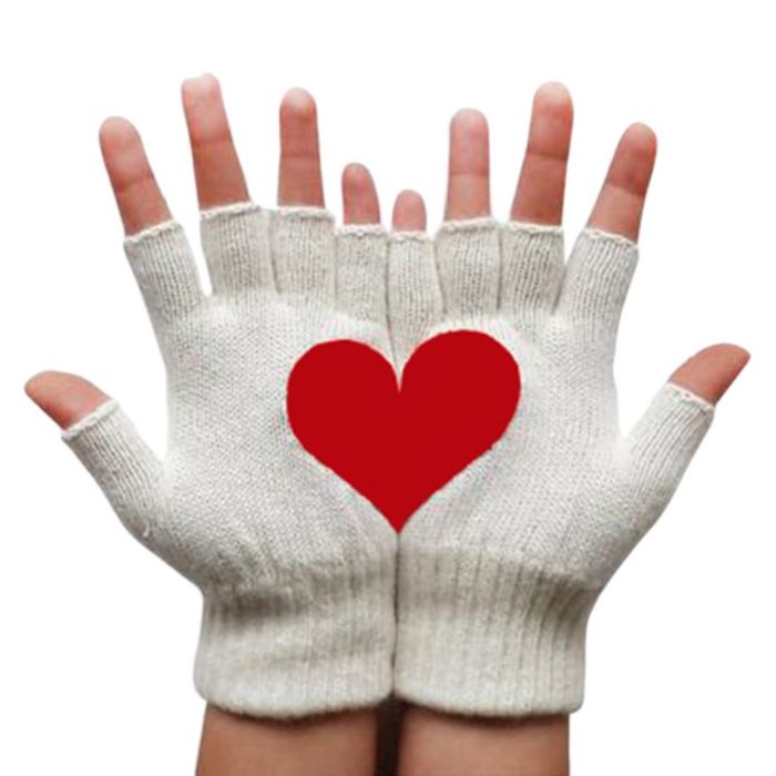 Womens Winter Knit Fingerless Gloves Sweet Red Half Love Heart Irregular Patchwork Palm Solid Color Half Finger Mittens