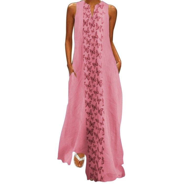 Butterfly Print Sleeveless Cotton V-Neck Maxi Dresses Plus Sizes Big Large Dress