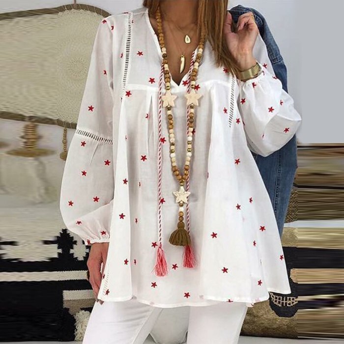 White Blouse For Women Casual Lantern Long Sleeve Hollow Out Pentagram Printed