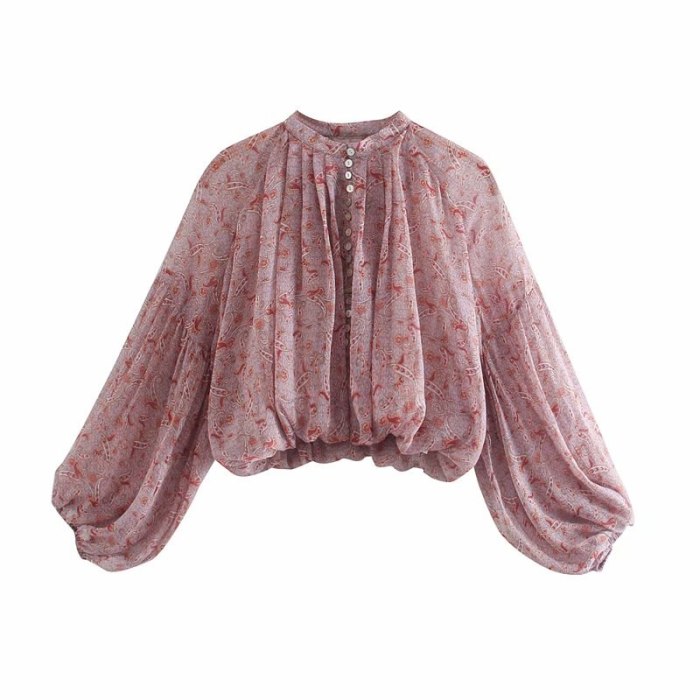 Chiffon Pink Printed O-neck Balloon Sleeve Casual Tulle Blouse