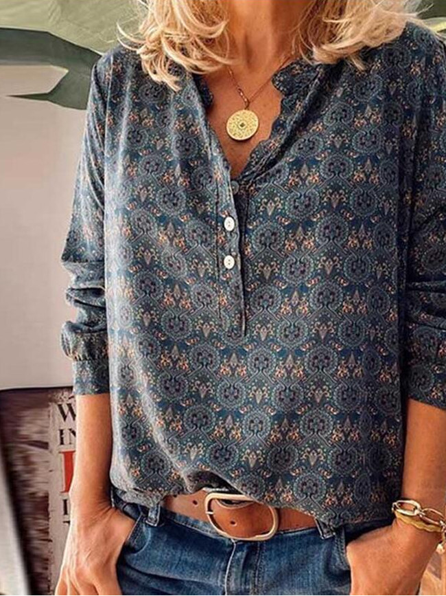 Autumn Women Vintage Print Button Elegant V Neck Pullover Casual Tops