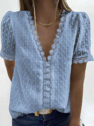 Sexy V-Neck Lace Shirt Blouse Ladies Shirt Solid Pullover Tops