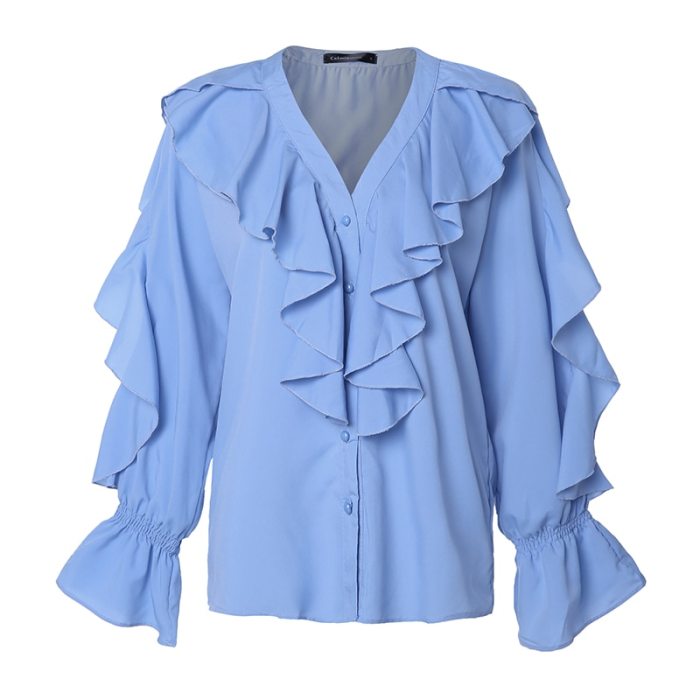 Women Blouses Summer Ruffled Stylish Sexy V-neck Long Sleeve Shirt