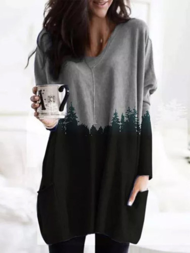 Vintage Blouse Mountain Printed Pullover Long Sleeve Shirts Tops Blouse