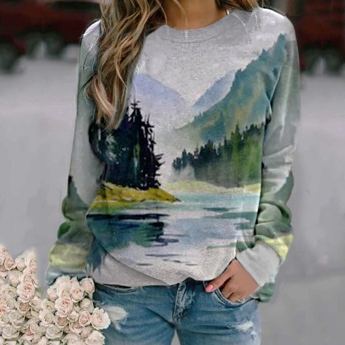 Women's Print Long-sleeved Sweatshirt Casual Blouse Pullover
