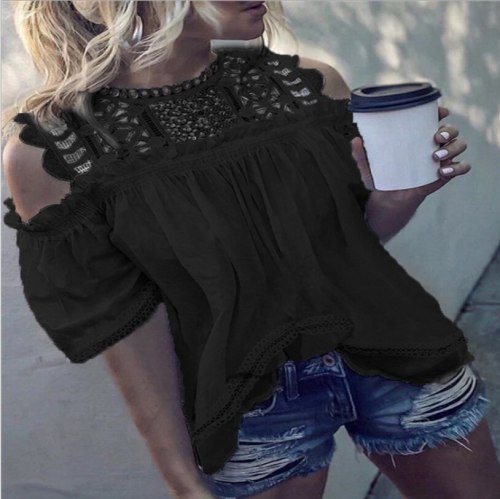 Women blouses Lace Hollow Out Chiffon Short Sleeve Solid Off Shoulder Casual Top