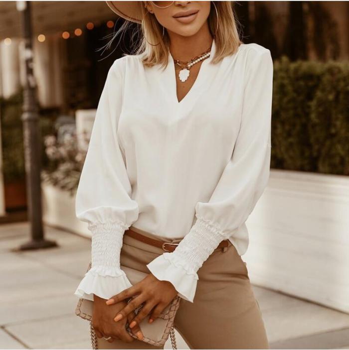 Deep V-Neck Solid Blouse Shirts Women Casual Loose Long Sleeve Tops Pullover