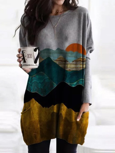 Women Mountain Printed Pullover Long Sleeve Sweatshirt dress