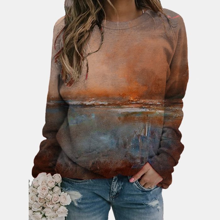 Women Fashion Landscape Print O-neck Long Sleeves Causal Loose Tops Blouse