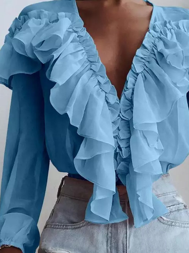 Women Summer Spring Long Sleeve Fashion Blouse Ruffles Sexy Deep V-Neck Elegant