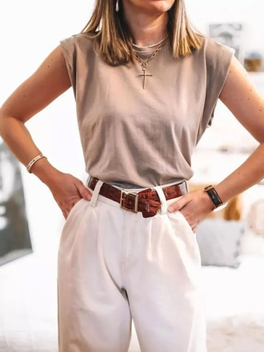 Fashion Solid 95% Cotton Shoulder pad T-shirt Vintage O-Neck Sleeveless Tops