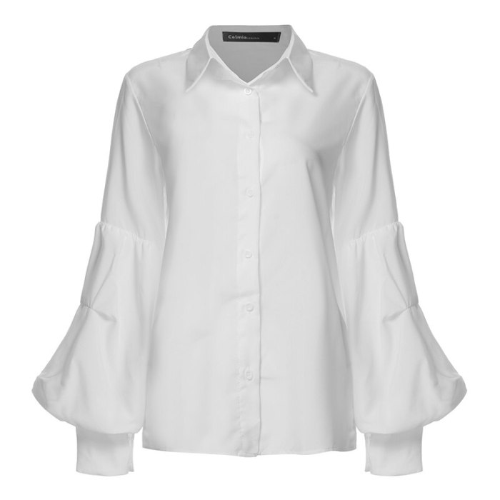 Fashion Women Long Puff Sleeve Lapel Buttons Casual Shirt