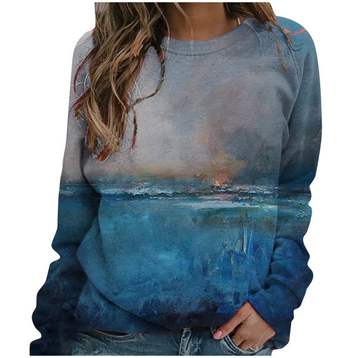 Women Fashion Landscape Print O-neck Long Sleeves Causal Loose Tops Blouse