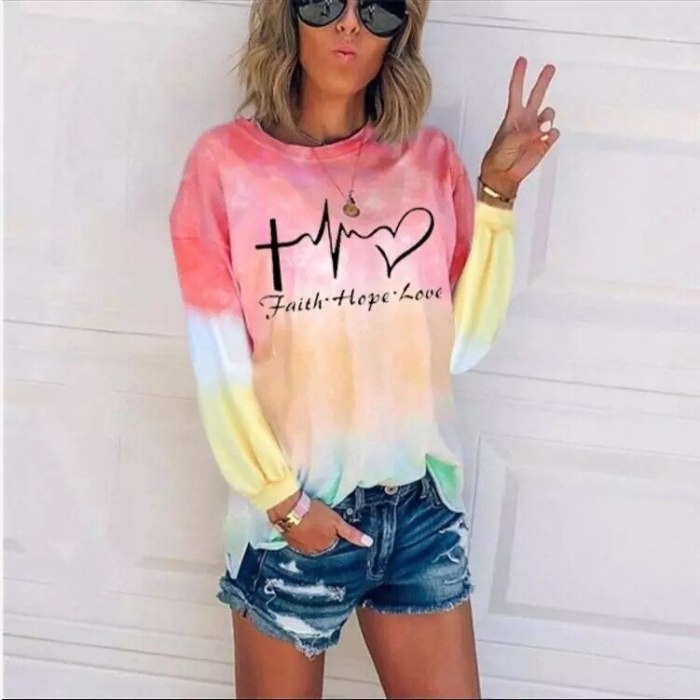 Autumn New Women's Gradient  Round Neck Long-Sleeved Printed Letter  Casual Top