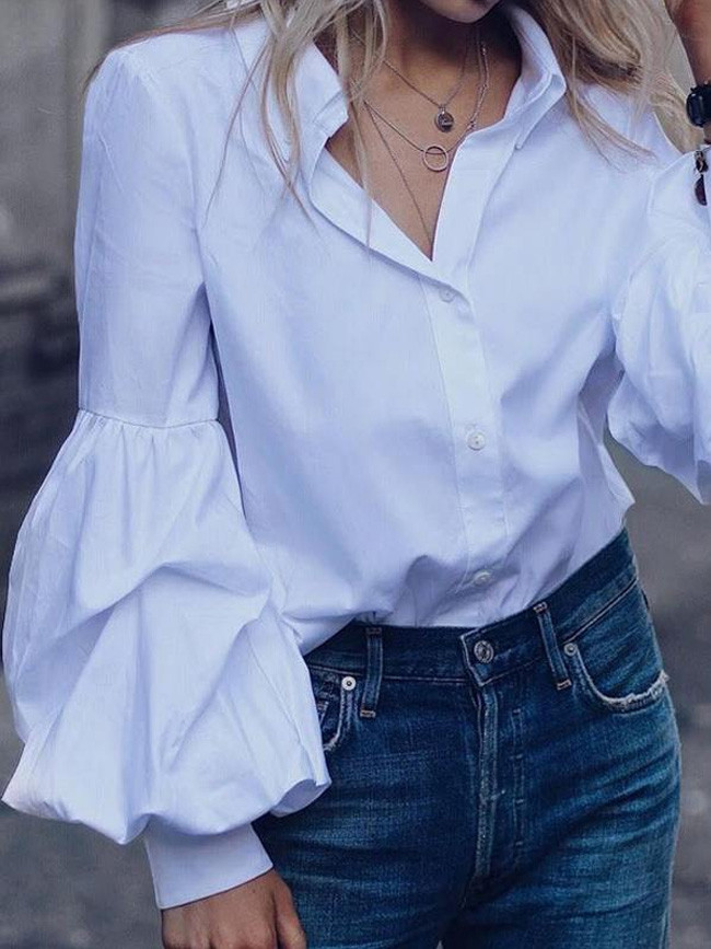 Fashion Women Long Puff Sleeve Lapel Buttons Casual Shirt