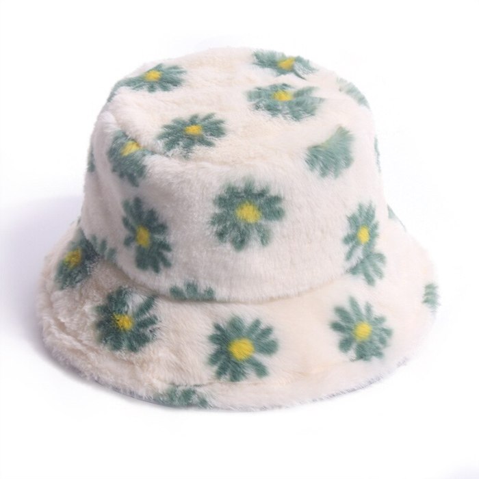Faux Fur Winter Bucket Hat For Women Fashion Daisy Warm Fisherman Hat
