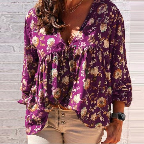 New Autumn Fashion Wild V-neck Women Loose Casual Long-Sleeved Printing Top