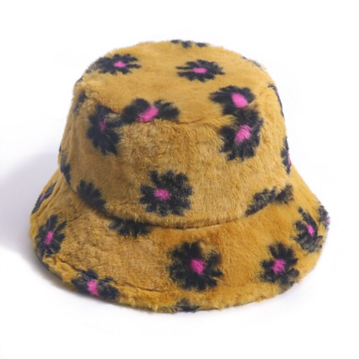 Faux Fur Winter Bucket Hat For Women Fashion Daisy Warm Fisherman Hat
