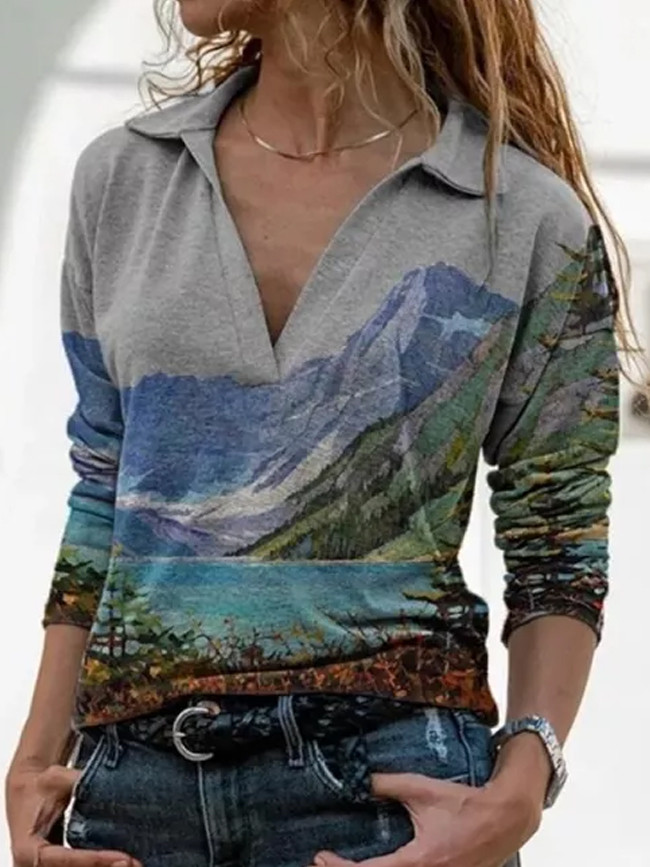 Women Spring And Autumn Casual Slim Lapel Long-Sleeved Printing T-Shirt