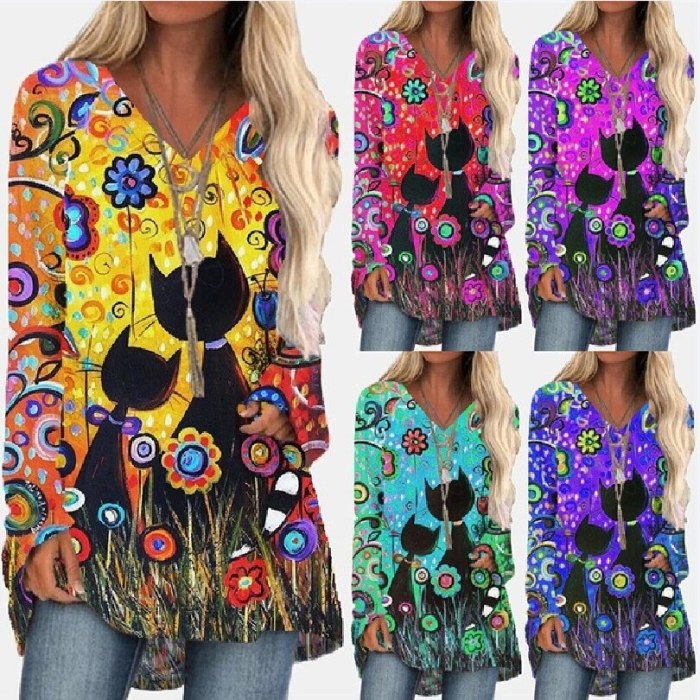 New Cat Print  Loose V-Neck Long Sleeve Spring Autumn Womens Casual Top