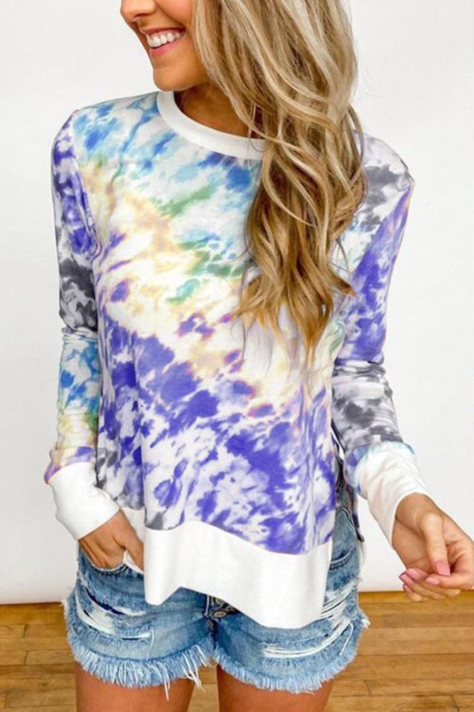 Fashion New Tie-Dye Printing Tops Spring and Autumn Women Round Neck Long-Sleeve T-Shirt