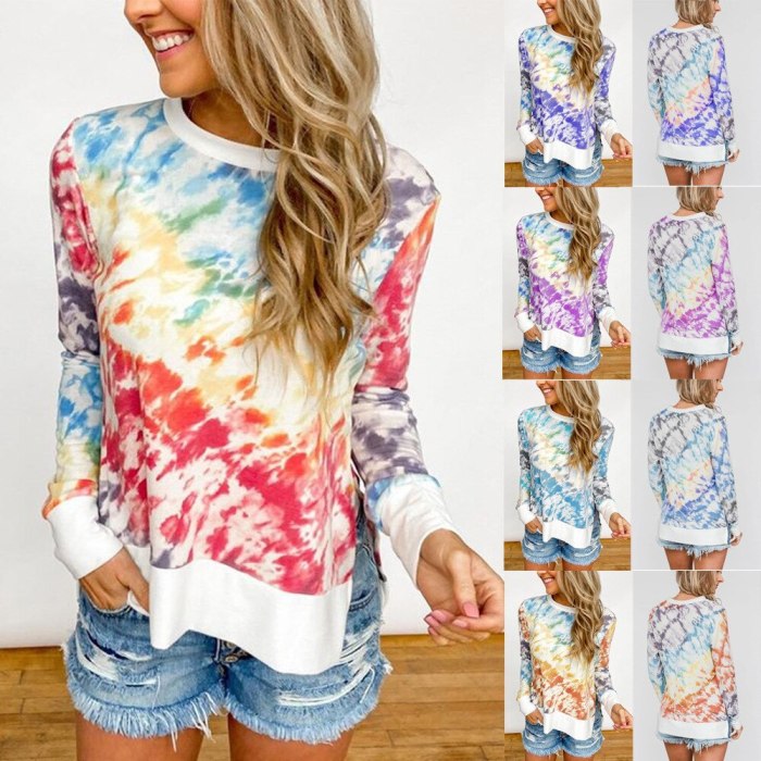 Fashion New Tie-Dye Printing Tops Spring and Autumn Women Round Neck Long-Sleeve T-Shirt