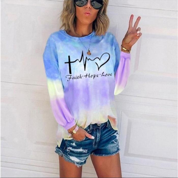 Autumn New Women's Gradient  Round Neck Long-Sleeved Printed Letter  Casual Top