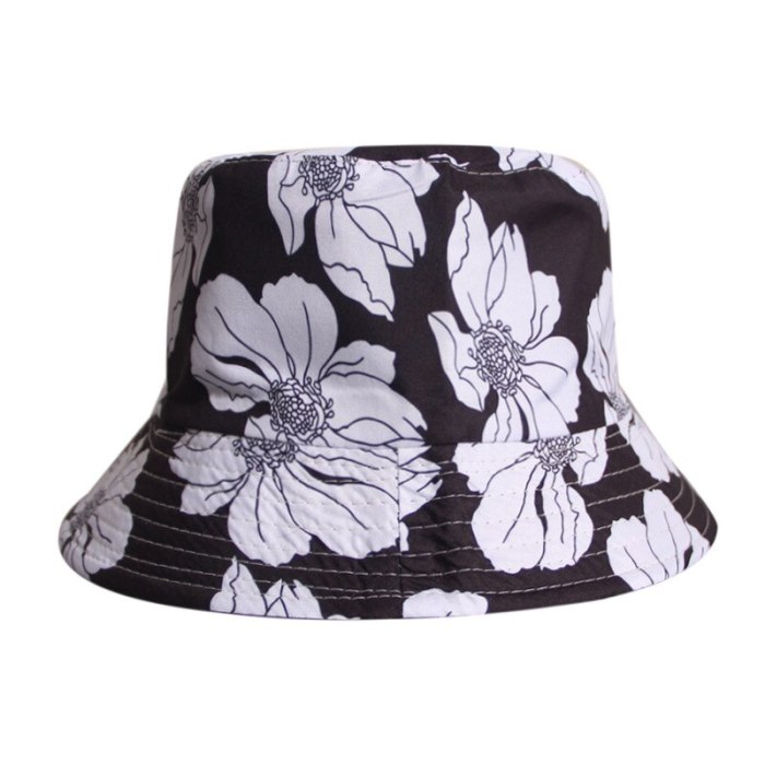 Black White Flower Printed Bucket Hats Cotton