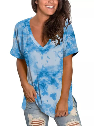 Woman Fashion Gradient Color V-neck Short Sleeve T-Shirt Top