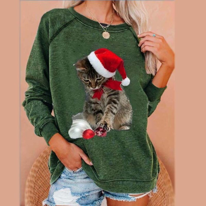 Women's Christmas Cat T-Shirt New Style Round Neck Long Sleeve T-Shirt
