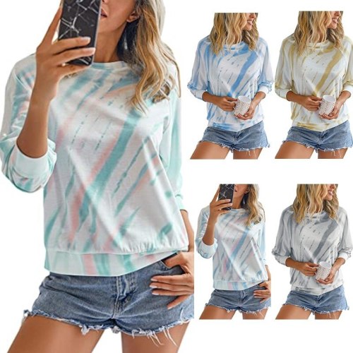 Women Tie-Dye Printed T-Shirt Round Neck Long-sleeve Spring and Autumn Casual Tops