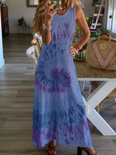 Summer O Neck Long Dress Casual Women Tie-Dye Print Beach Dress