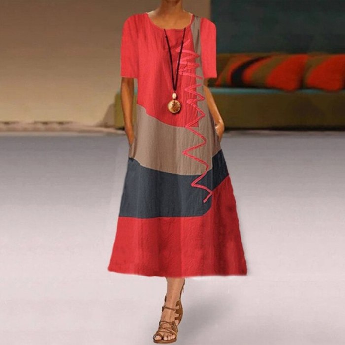 Long Summer Dresses Casual Short Sleeve Vintage Patchwork Bohemian O Neck Maxi Dress