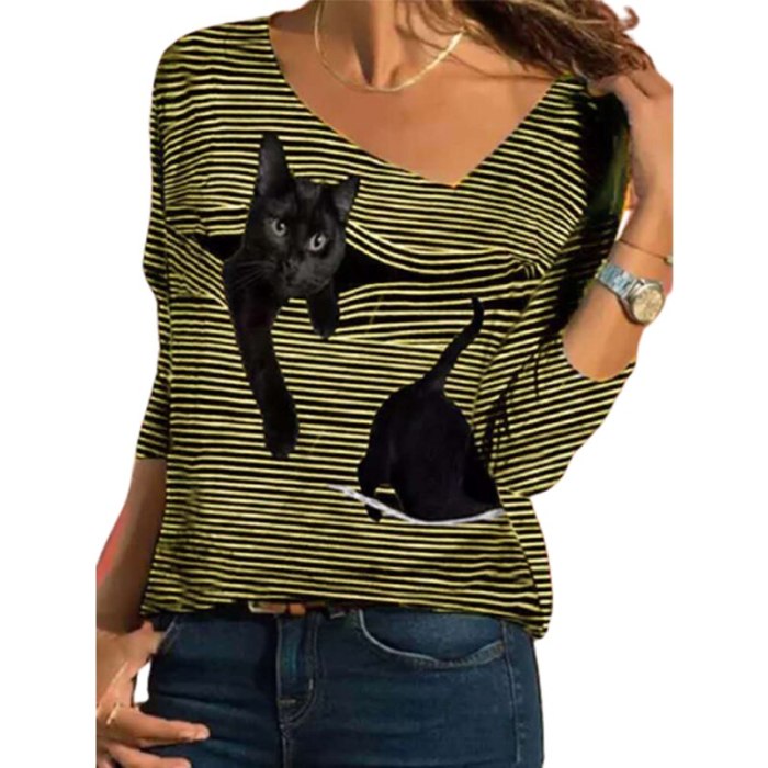 Casual Cartoon Cat Printing Striped Skew Collar Autumn Long Sleeved Tops